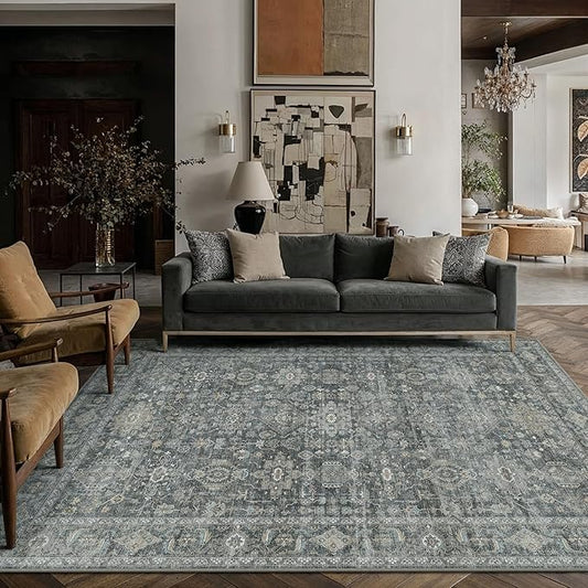 6x9 Washable Area Rug for Living Room Bedroom Vintage Black Grey Carpet Soft Low Pile Traditional Retro Non Slip Throw Rug for Dining Room Entryway Indoor Dorm Kitchen