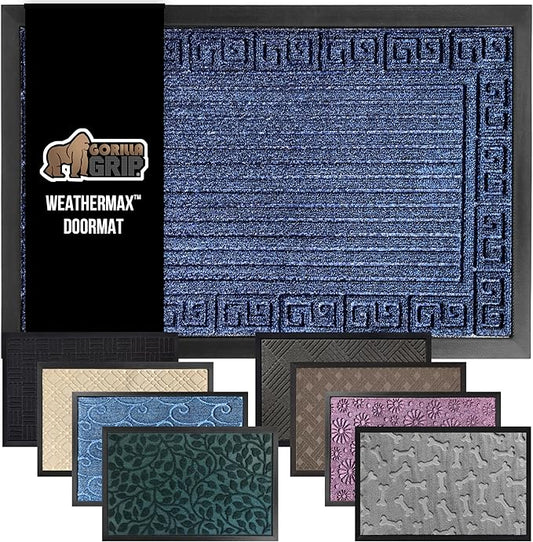 GORILLA GRIP 100% Waterproof All-Season WeatherMAX Doormat, 72x24, US Designed Natural Rubber, Stain and Fade Resistant, Low Profile Indoor Outdoor Door Mats, Easy Clean Patio Mat, Navy Greek Keys